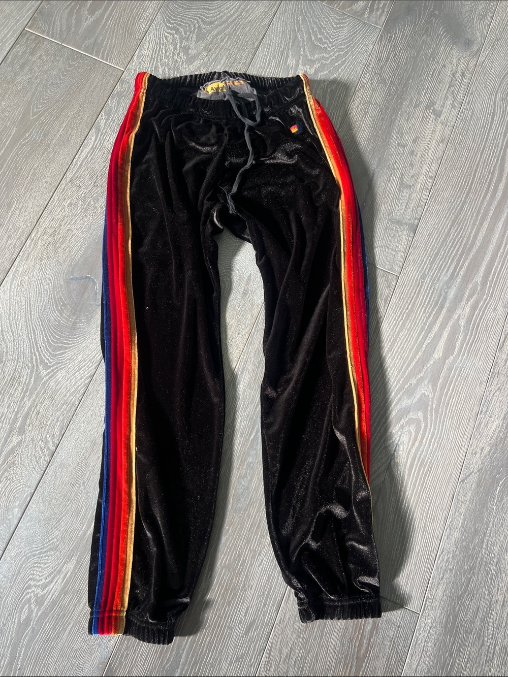 Aviator Nation Black Velour Joggers with Rainbow Side Stripes